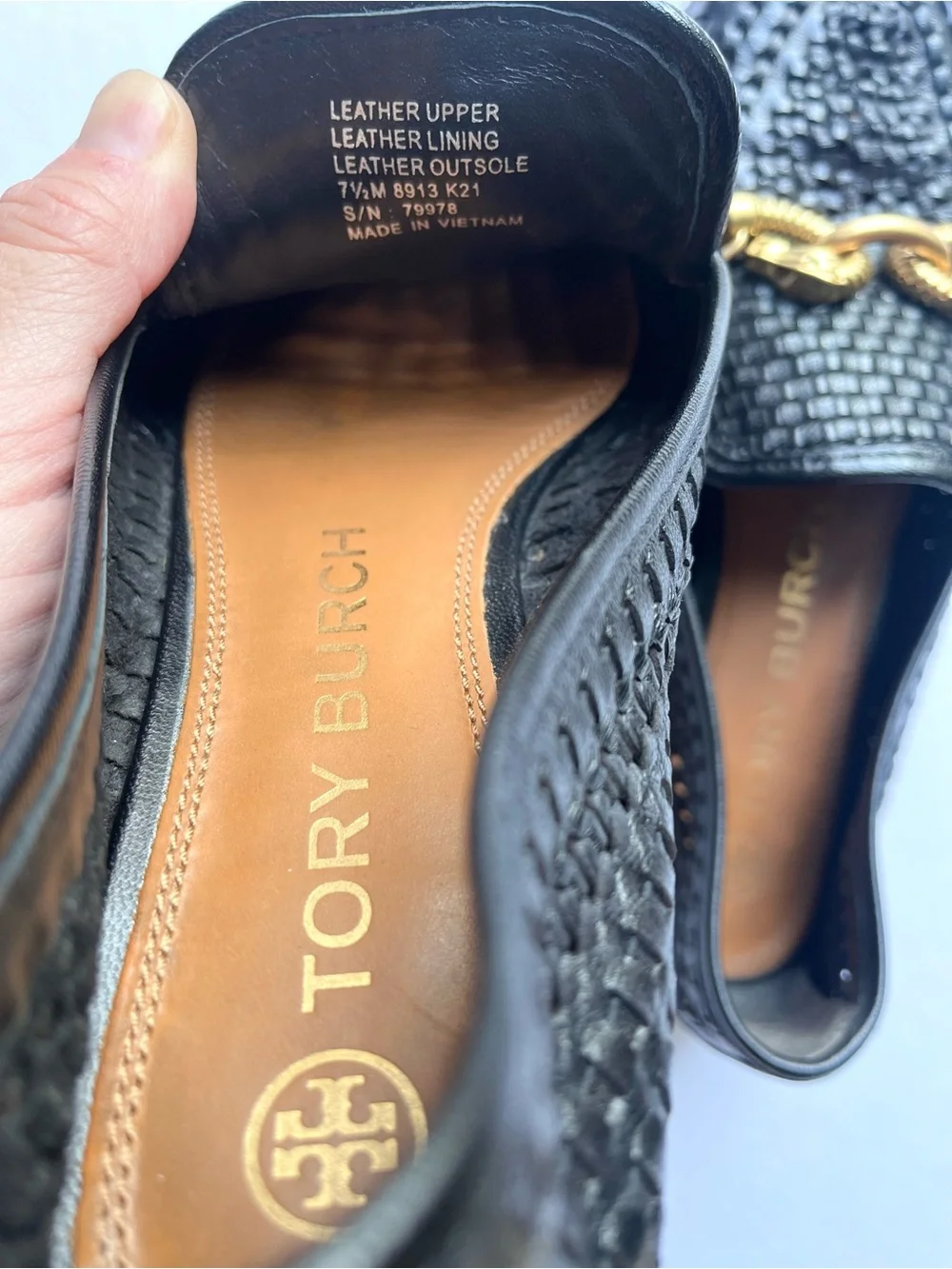 Tory Burch Women’s Jessa Woven Loafer Sz 7.5 Black Goat Leather Gold Horse
